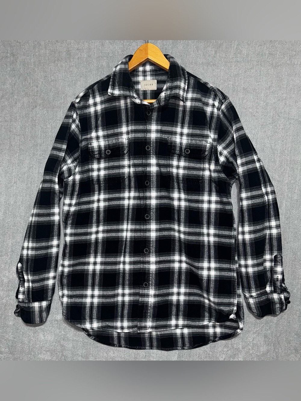 LT JACHS Men’s Flannel Shirt Plaid Black White Double Chest Pockets Long Sleeve